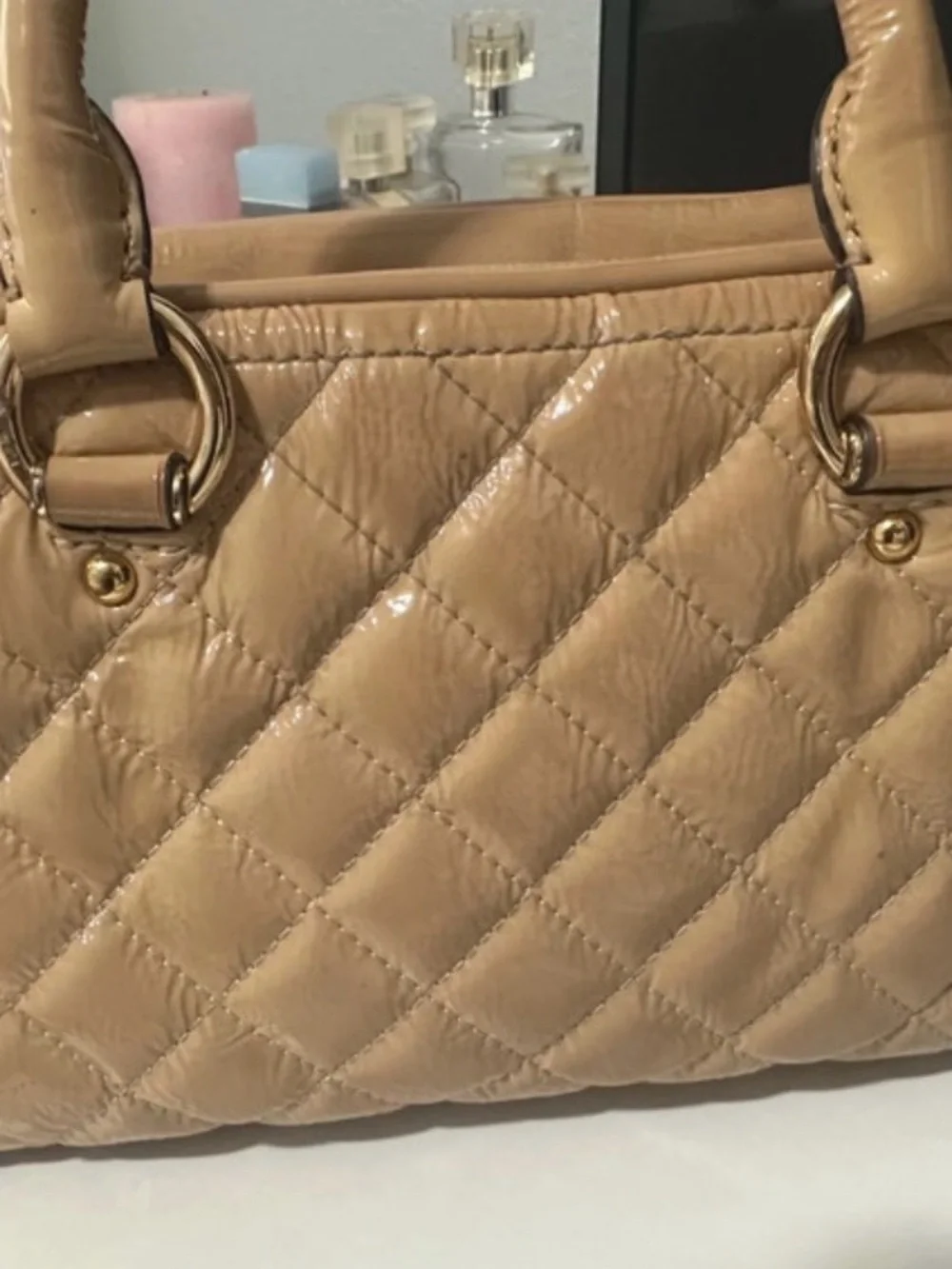 Michael Kors Quilted Patent Satchel in Tan